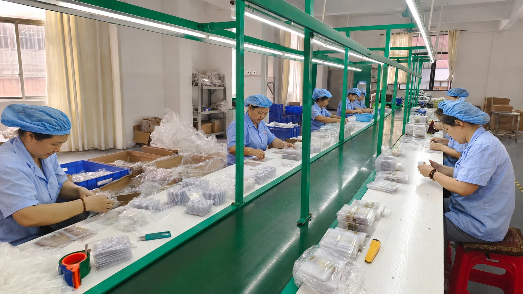 Workers cleaning, checking, and packing finished products