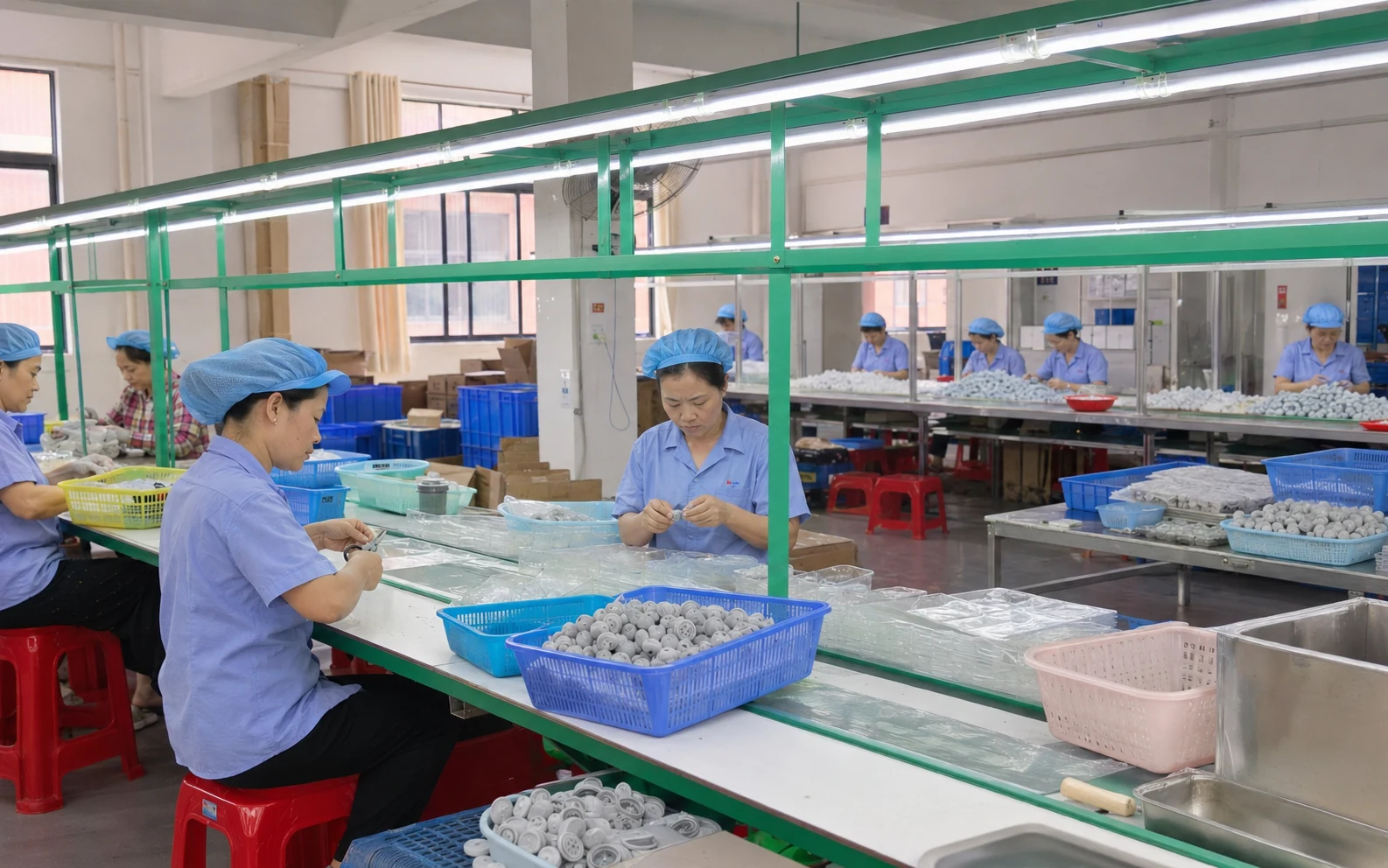 Workers removing flash and checking finished silicone components