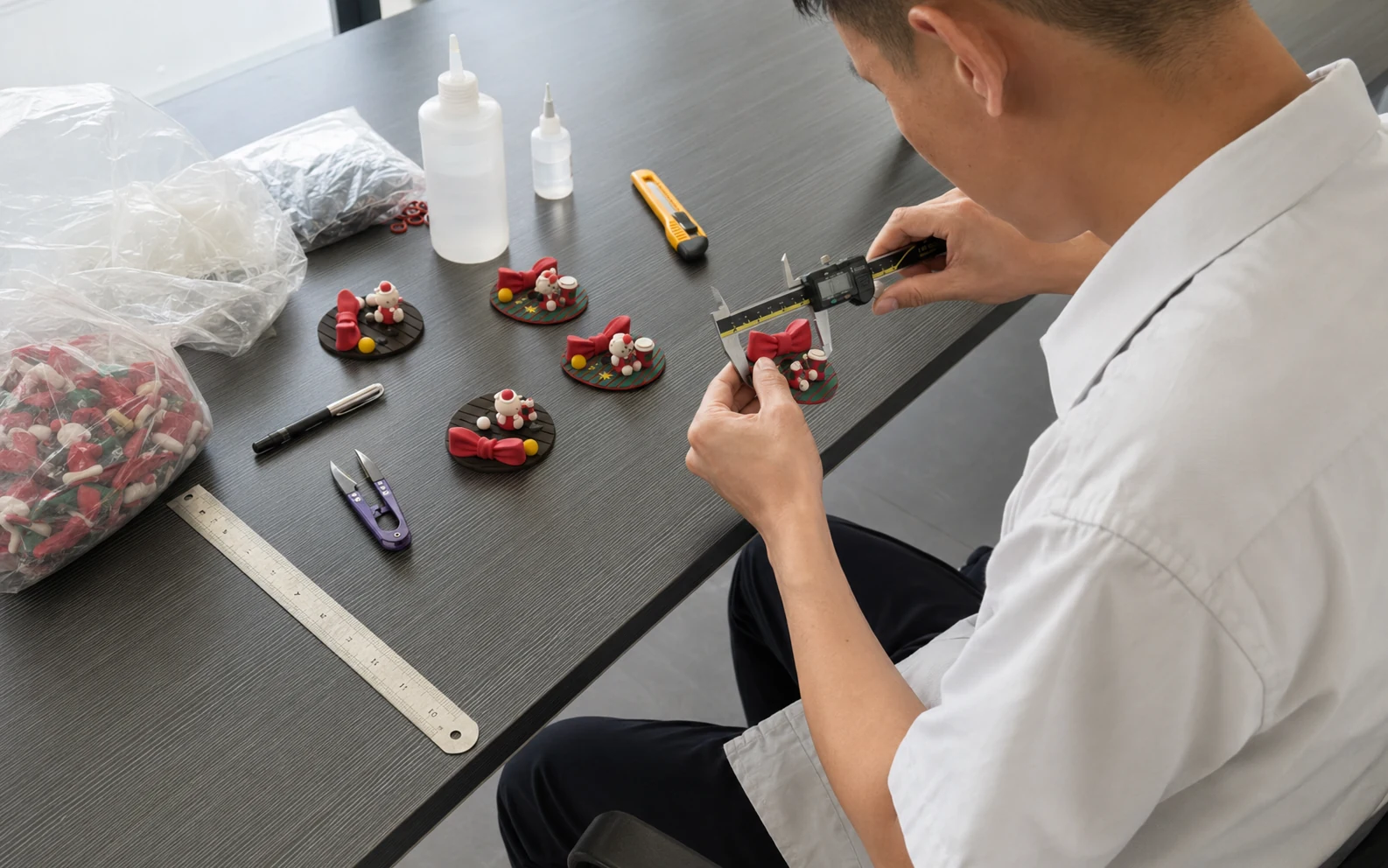 Technician checking product dimensions during project inspection