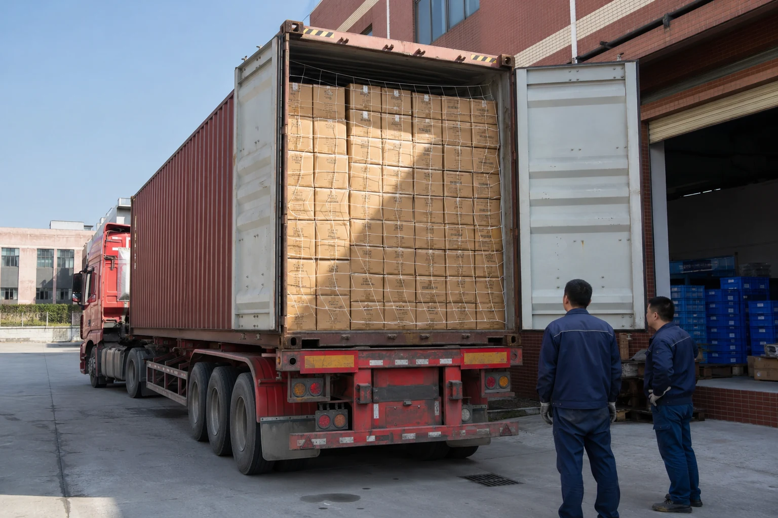 Finished export cartons loaded at the factory for shipment