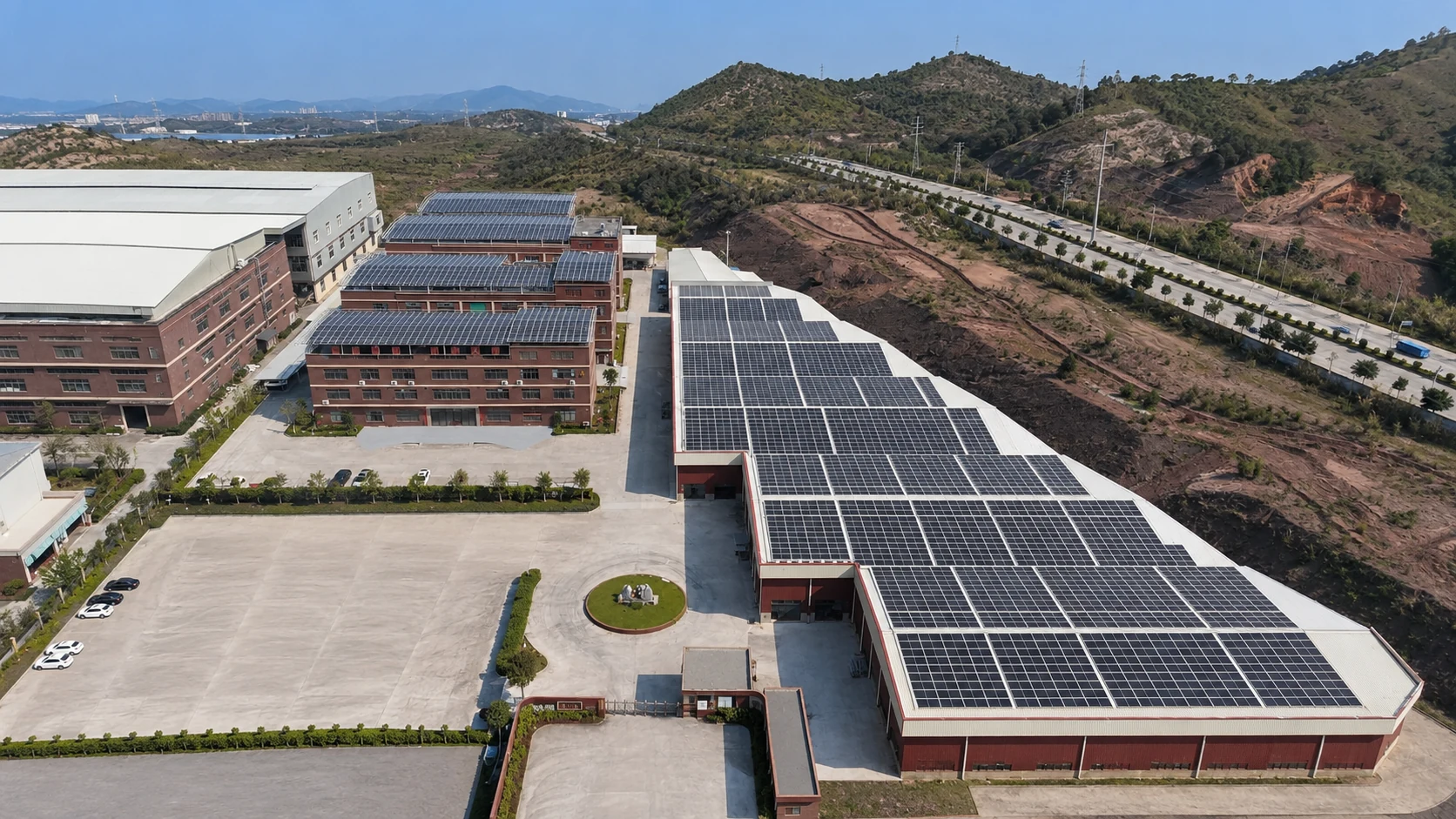 Aerial view of the Nuohua manufacturing site and solar-covered rooftops