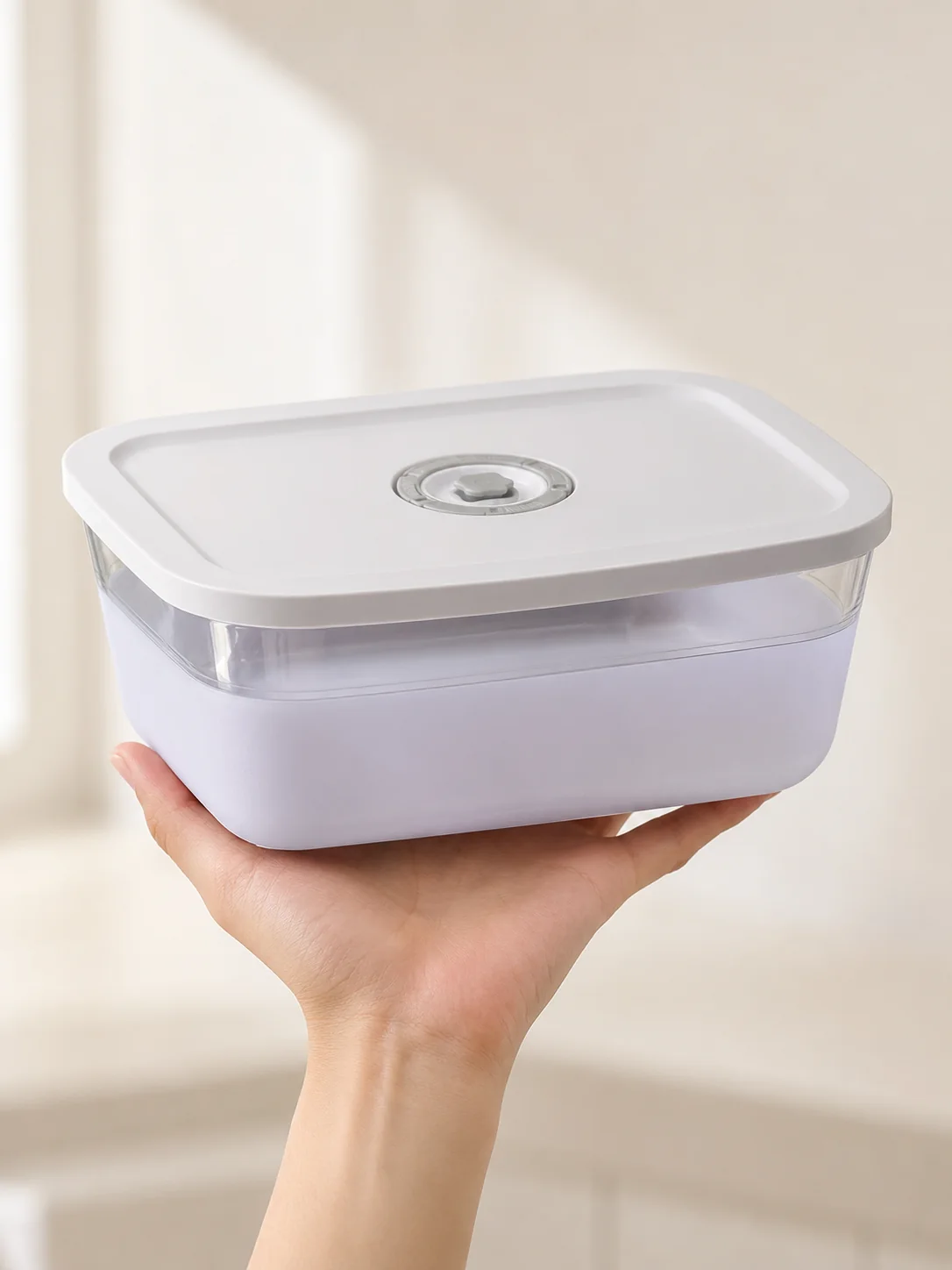 Hand holding a soft-touch NANOSO silicone-coated borosilicate glass food container